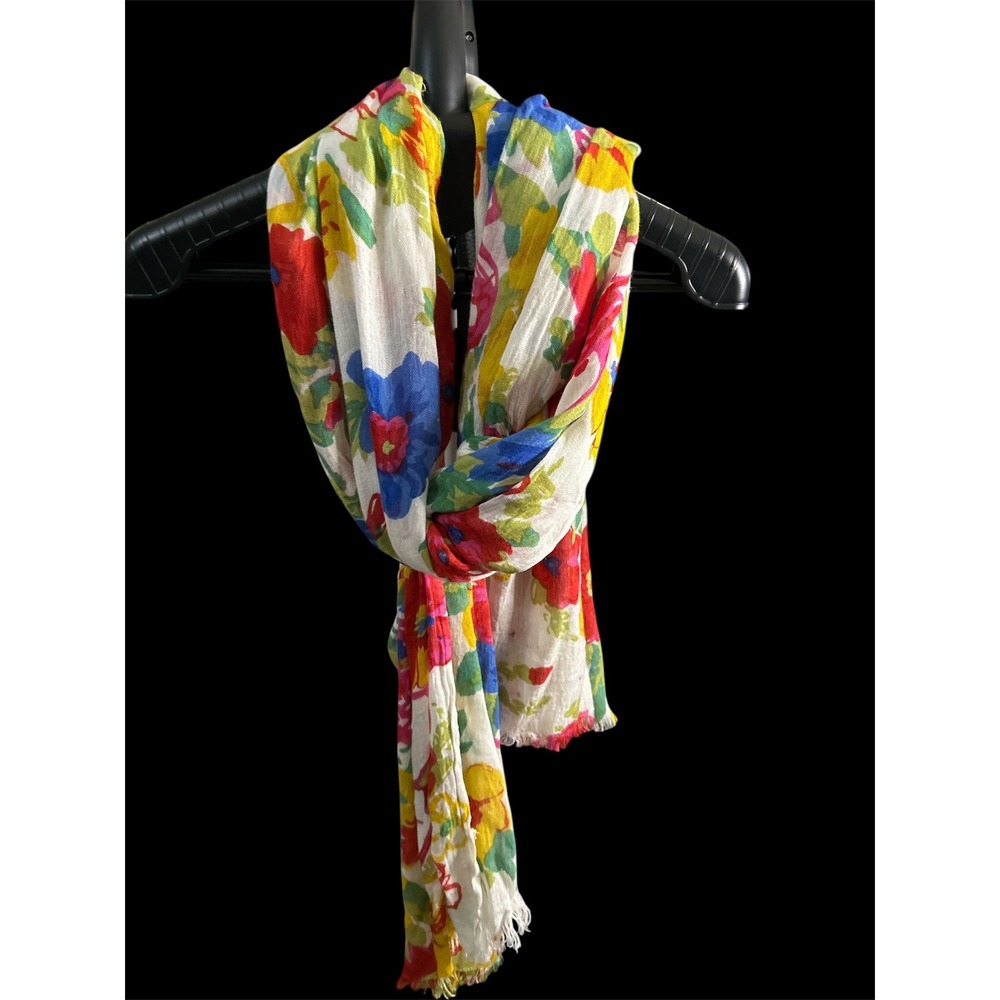 Floral‎ Print Lightweight Scarf White Multicolor Red Blue Yellow Fringe Wrap